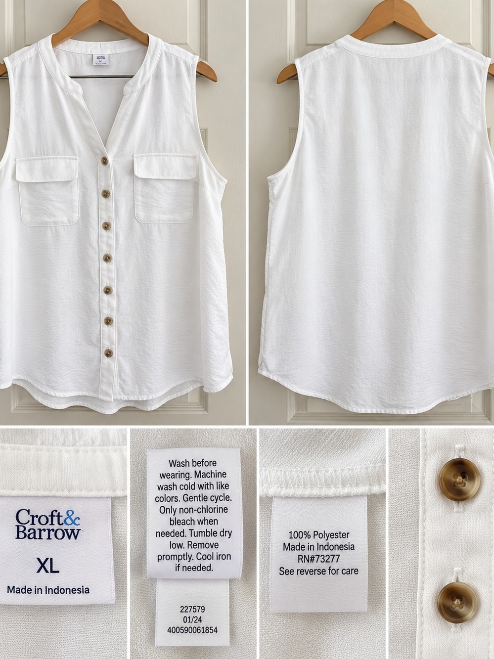 croft & barrow White Sleeveless Button-Front Tank with Patch Pockets